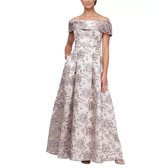 Alex Evenings Purple Mauve Roses Floral Off Shoulder Gown Dress Wedding Prom - Picture 1 of 13